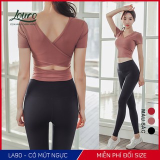 Bộ tập gym yoga nữ Louro, kiểu áo croptop body cổ tim đan chéo có mút kết hợp quần tập legging nữ co giãn - SE90M