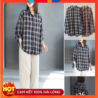Áo sơ mi nữ cổ đức kẻ caro tay dài, dáng rộng 2 màu basic xinh xắn