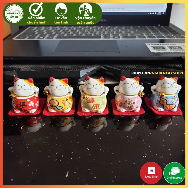 Phụ kiện bộ 5 mèo sứ chiêu tài, hút khách, trang trí tiểu cảnh, ô tô, bàn làm việc