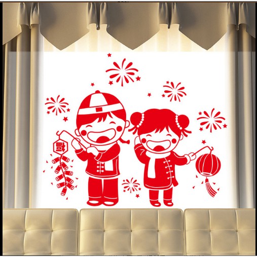 Decal trang trí tết - Cô Cậu chơi pháo nổ cười tươi size lớn