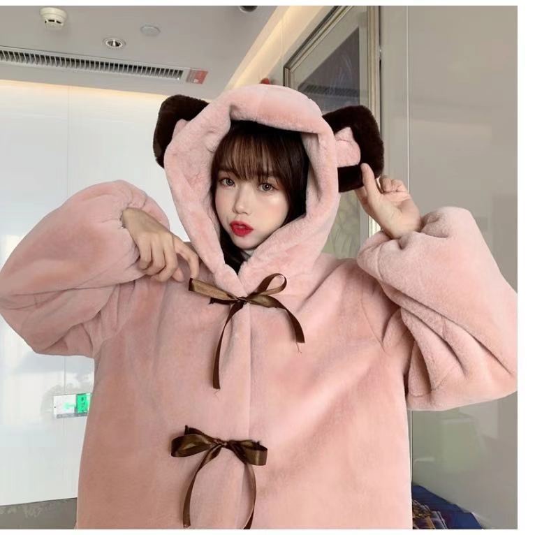 〉 (●´∀｀●Áo Khoác Lông Mềm Mại Dày Dặn Có Mũ Trùm Tai Gấu Dễ Thương Thời Trang Thu Đông Cho Nữ 2021 | BigBuy360 - bigbuy360.vn