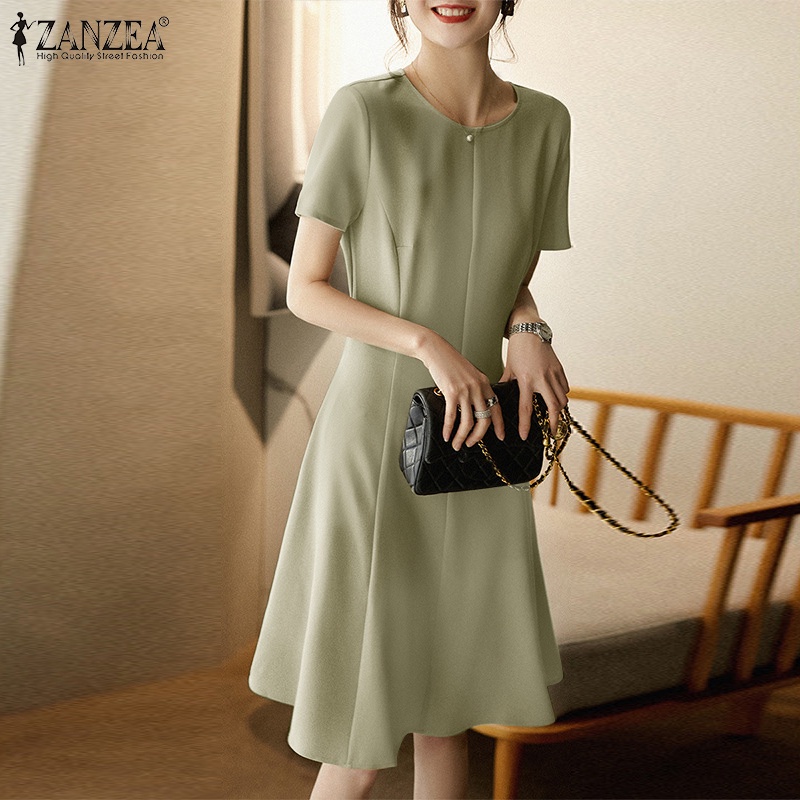Zanzea đầm tay ngắn màu trơn thiết kế đơn giản phong cách Hàn Quốc cho nữ