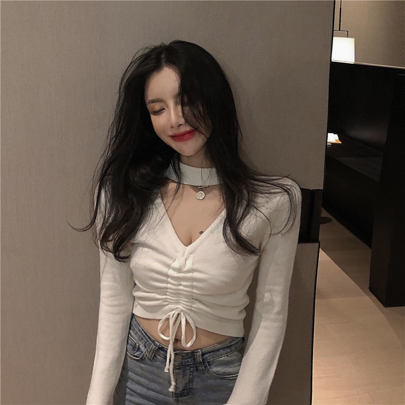 Áo croptop len dệt kim dây rút xanh Blue khoét cổ quyến rũ mẫu 2021 | BigBuy360 - bigbuy360.vn