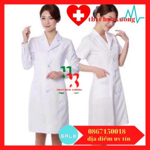 Áo blouse trắng , áo khoác bác sĩ , dược sĩ , điều dưỡng viên nữ cộc tay dáng dài