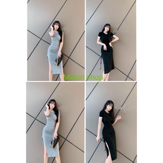 Đầm ôm body xẻ tà rút dây 1 bên cổ tròn - tay ngắn 2 màu đen- xám HOT NEW