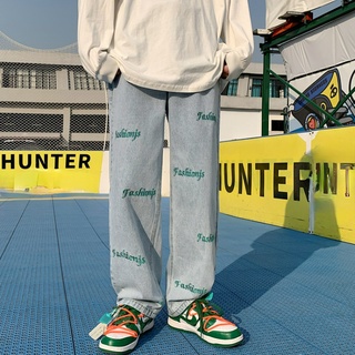 ✦ AFFLIGA ✦Quần Jeans Nam Màu Xanh Nhạt Thêu Chữ Phong Cách Hàn Quốc