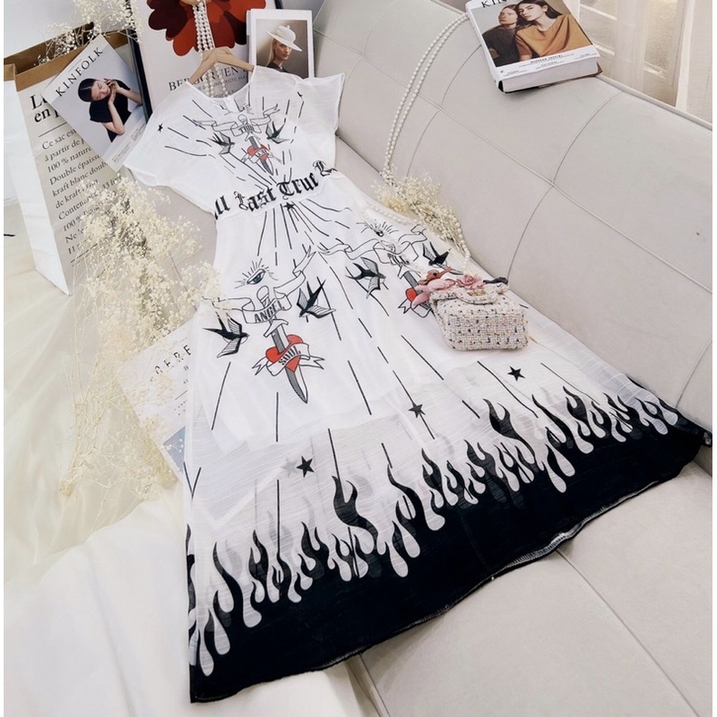 Đầm váy trắng tơ lụa dài xoè hoạ tiết độc lạ cao cấp sang trọng quý phái thanh lịch đồ dạo phố dự tiệc sự kiện hình thật