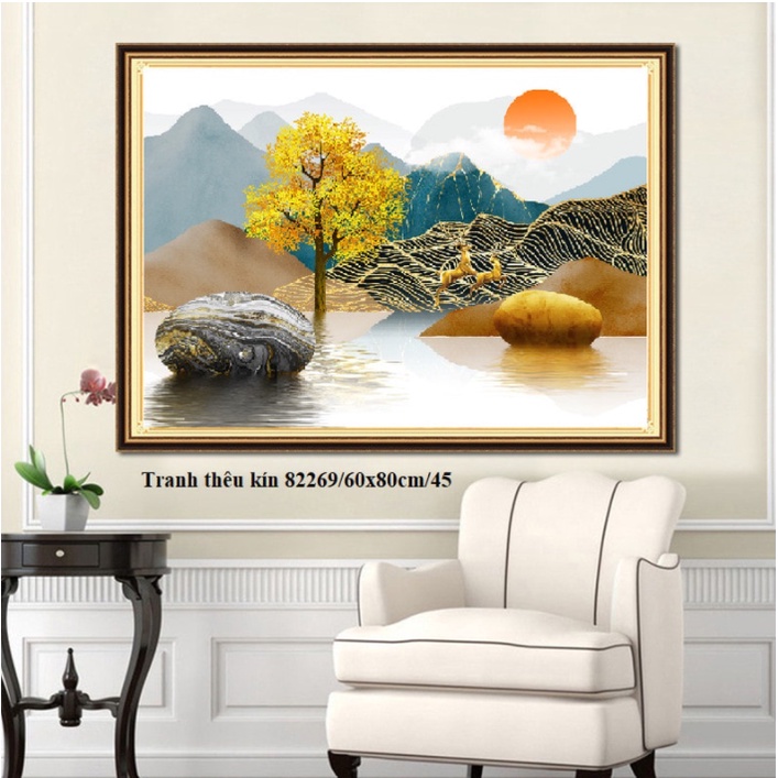 Tranh thêu chữ thập hươu nai tài lộc 82269 (60x80)-chưa thành phẩm
