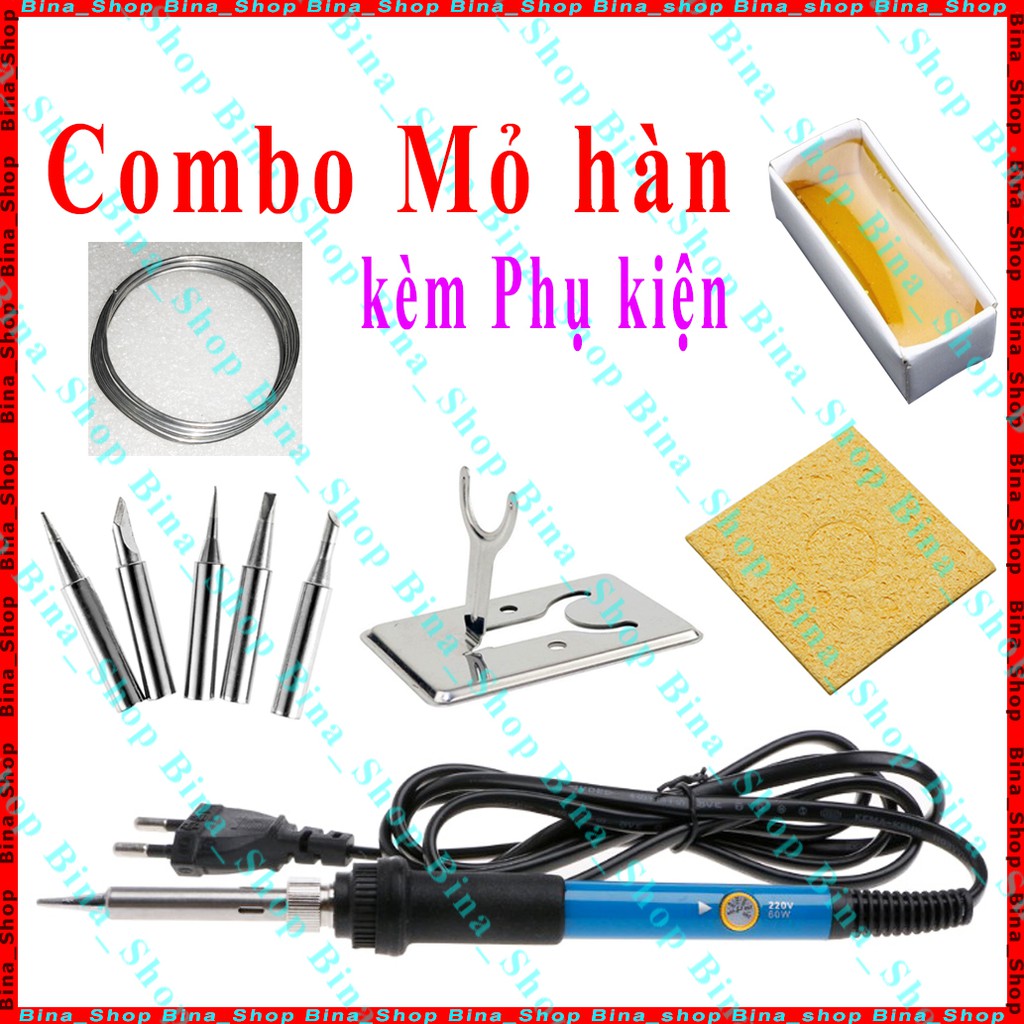 Combo Mỏ hàn 936 60W + 5 mũi hàn, nhựa thông, thiếc hàn, bọt biển, gác đỡ