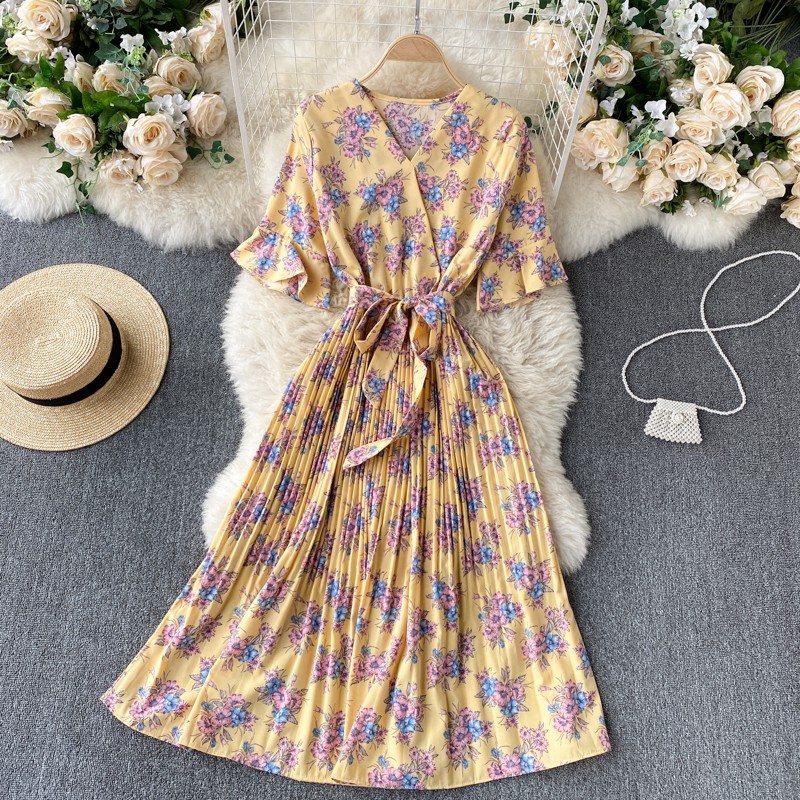 Đầm tay ngắn mix hoa cổ v thắt dây eo xếp ly tà dưới 11 màu