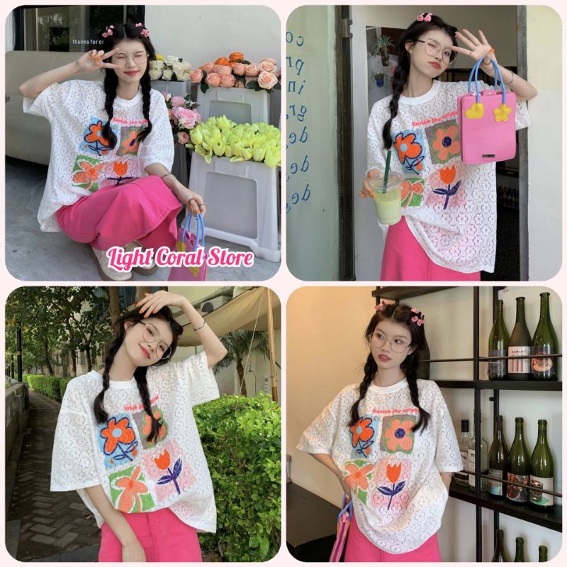 Áo thun nữ đáng yêu màu trắng ren đục lỗ in hình 4 bông hoa dáng rộ g oversize