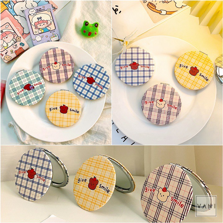 Gương Cầm Tay Mini Gấp Gọn Hình Tròn Mini Sọc Caro Siêu Đáng Yêu - Vani Store [VPP00151]