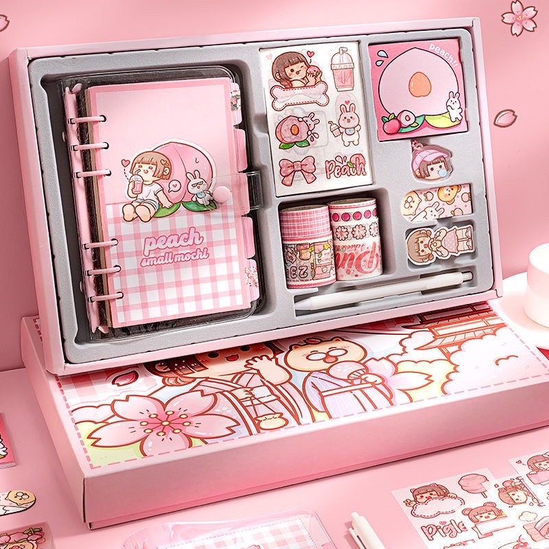 Set hộp quà tặng có sổ tay và cuộn băng keo washi dễ thương + sticker + móc khoá + bookmark