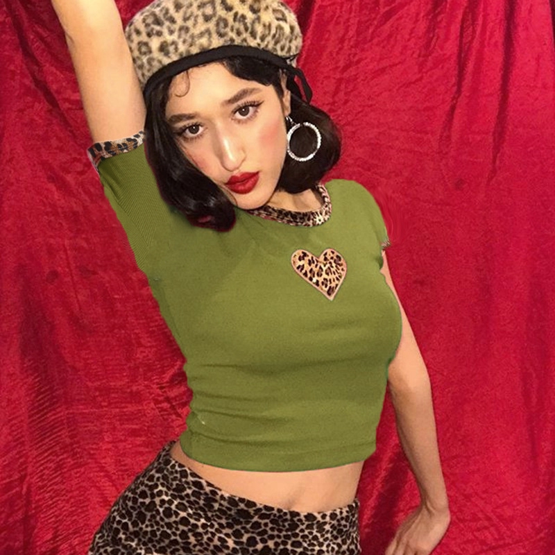 Sexy Women Slim Leopard Love Print Tops Round Neck Short Sleeve Casual Tshirt