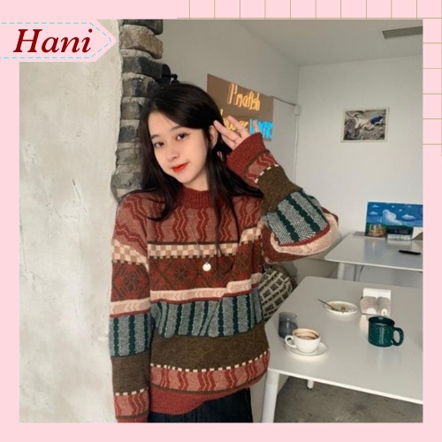 Áo len lông thổ cẩm Quảng Châu hoạ tiết thổ cẩm phong cách Hàn Quốc cho nữ