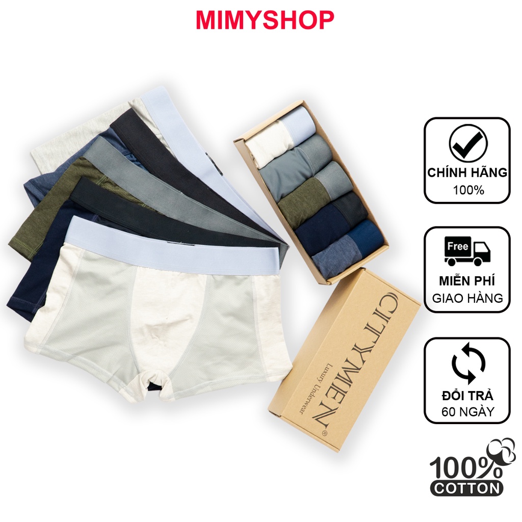 Hộp 5 quần lót nam Boxer nhiều lưng vải cotton 4 chiều có phối lưới thoáng khí co dãn đàn hồi tốt, nhiều màu sịp đùi nam