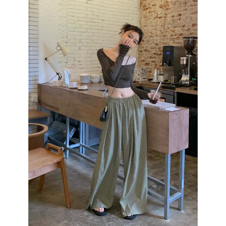 QADCOL  Set Áo Thun Lửng Dài Tay Và Quần Dài Ống Rộng Thời Trang Dành Cho Nữ