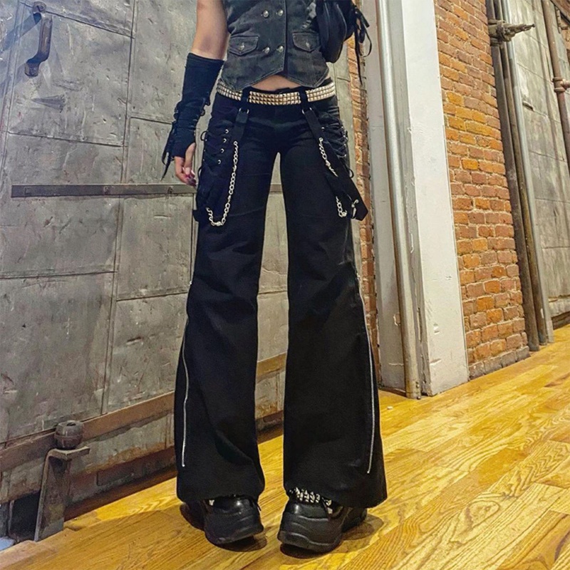 Brroa Quần Baggy Ống Rộng Phối Dây Xích Và Dây Xích Xẻ Tà Bên Hông Phong Cách Gothic Punk Harajuku Cho Nữ