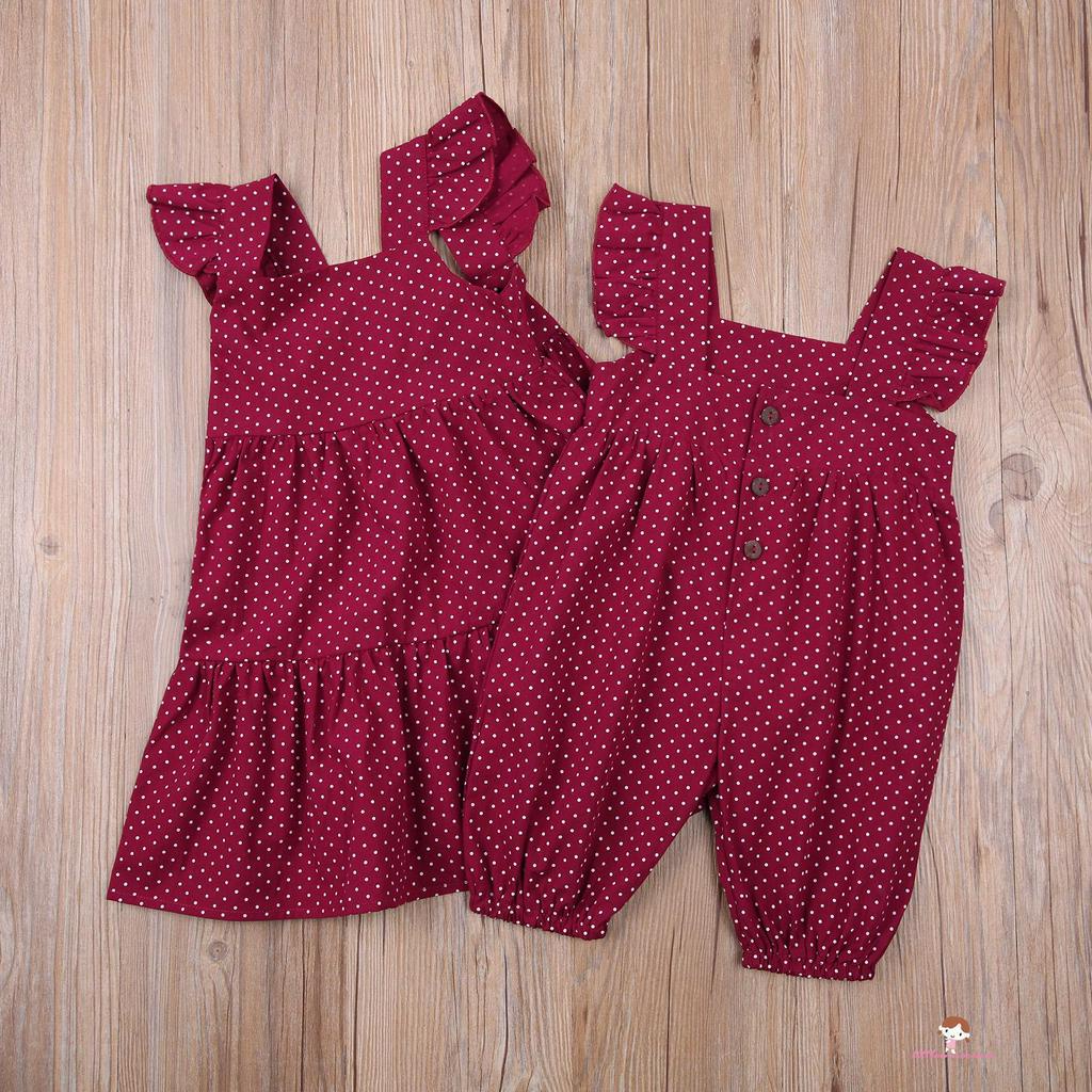 Bộ áo liền quần / đầm tay loe họa tiết chấm bi xinh xắn cho bé gái Xzq7