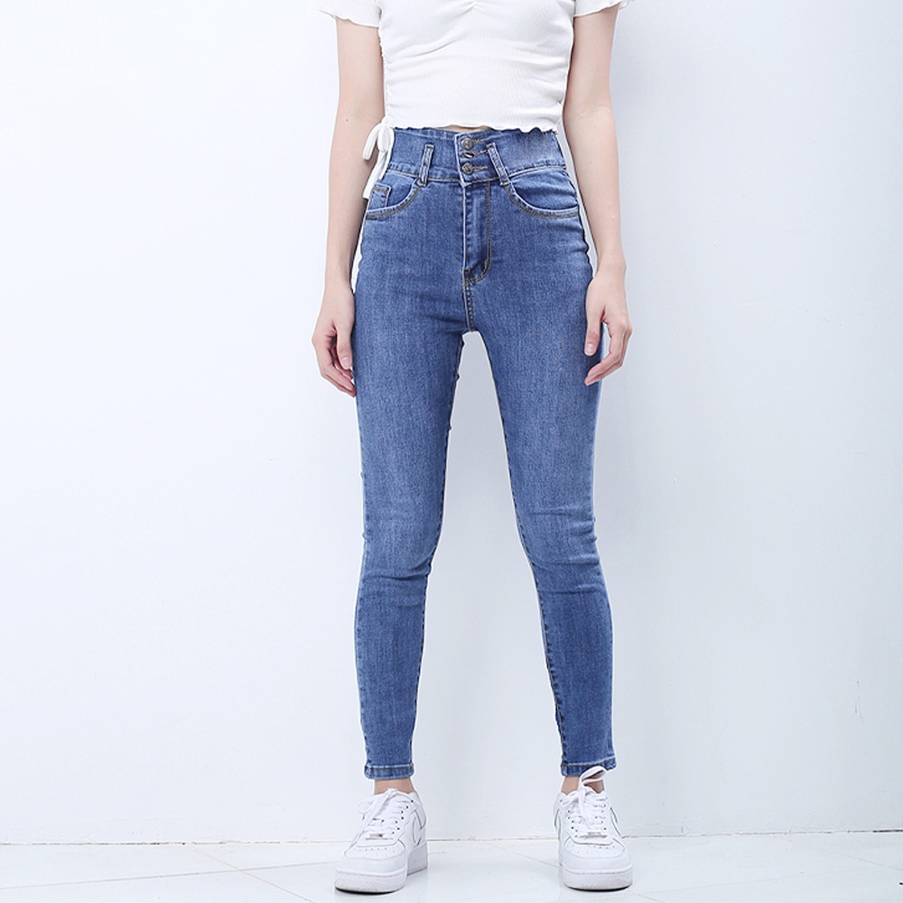 Quần jeans dài nữ co giãn SAIGONJEAN cạp thường lưng lớn màu xanh nhạt trơn QD037