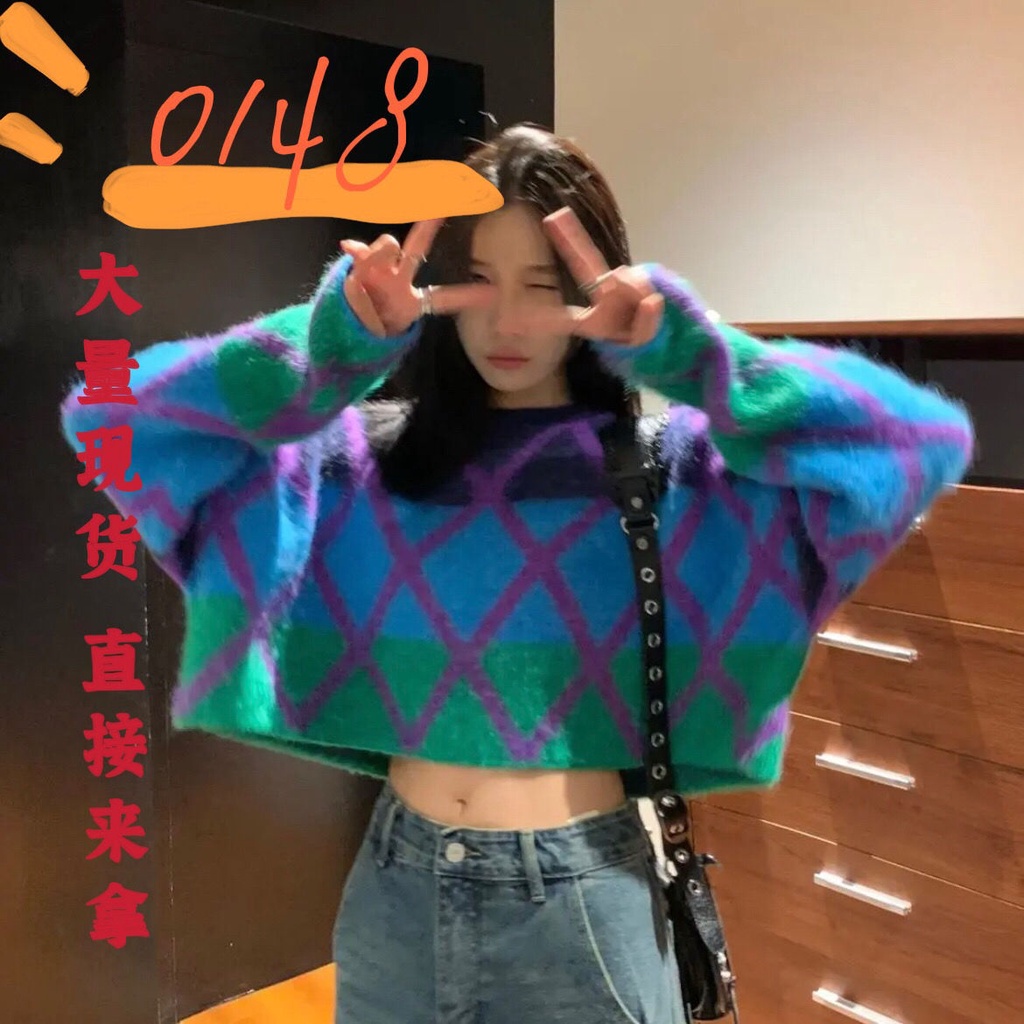Áo Sweater Dệt Kim Dáng Ngắn Phối Màu Sắc Trẻ Trung Thời Trang Thu Đông