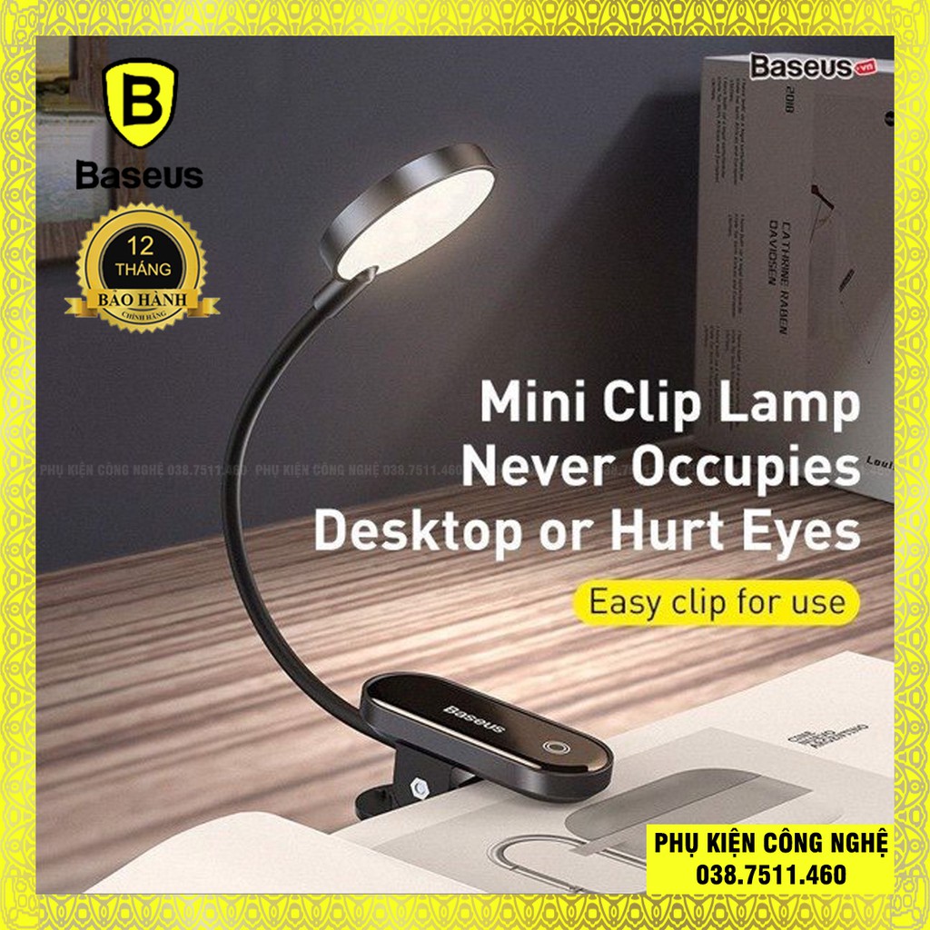 Đèn đọc sách mini, pin sạc tiện dụng Baseus Comfort Reading Mini Clip Lamp (dịu mắt, 3 mức sáng, 350mAh, 24h sử dụng)