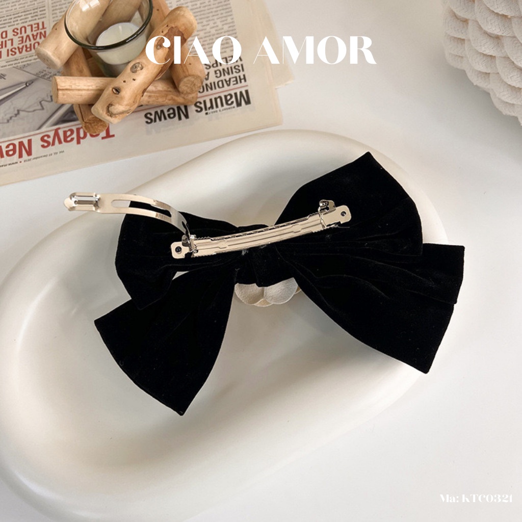 Kẹp tóc nữ, Kẹp tóc nơ to bản da lộn đính hoa CN hottrend sang trọng Phụ kiện tóc Trang sức Ciao Amor - KTC0321