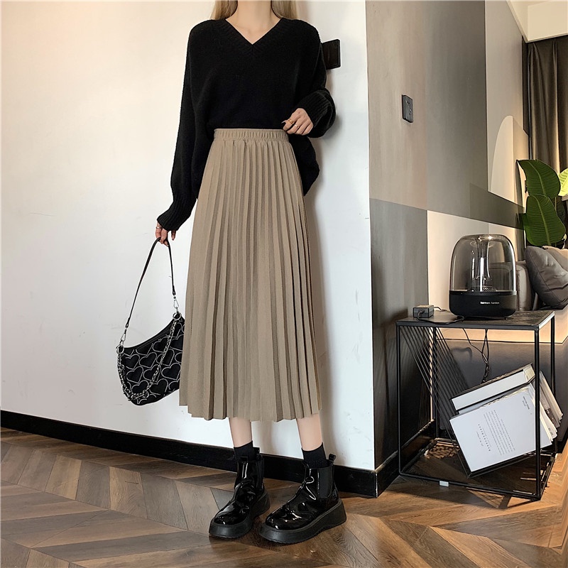 Chân váy midi xếp ly màu trơn phong cách Hàn Quốc thời trang cho nữ | BigBuy360 - bigbuy360.vn