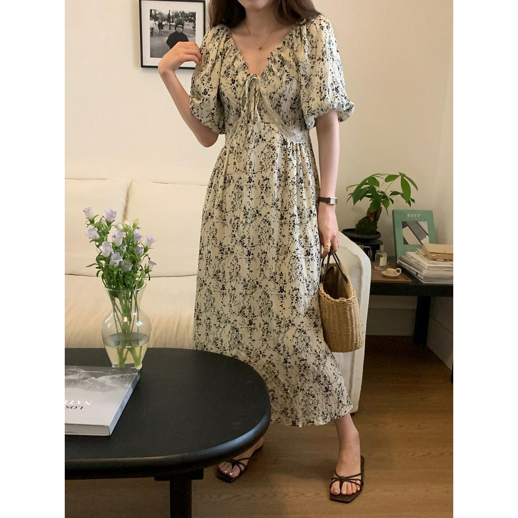 Đầm Tay Phồng Cổ Chữ v Phối Ren Và Dây Rút Phong Cách Pháp 62596