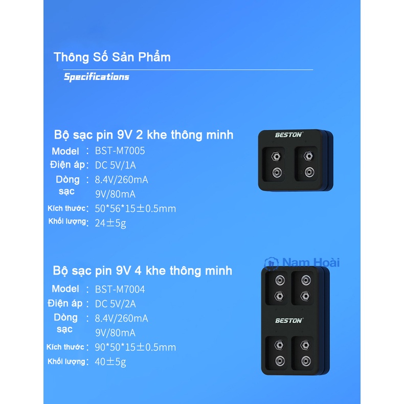 Pin sạc 9V Beston Li-Ion dung lượng cao, bộ sạc pin vuông 9V dùng cho micro không dây, đồng hồ vạn năng, đồ chơi, bộ đàm