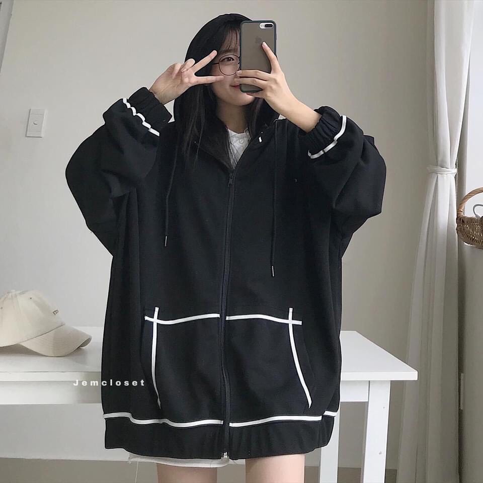 Áo Khoác Hoodie Chạy Viền Tay Bồng Áo Jacket Nỉ Unisex Form Rộng Khóa Kéo Kèm Mũ 3 Màu