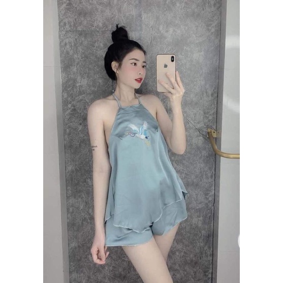 Bộ ngủ yếm đùi satin thêu hạc gợi cảm, set đồ ngủ mặc nhà sexy siêu mát CARY
