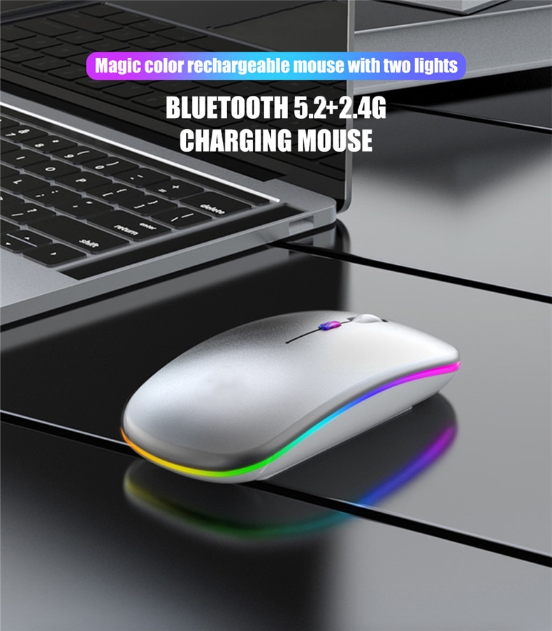 Chuột không dây có thể sạc lại chuột bluetooth RGB, thích hợp cho máy tính xách tay không dây Mause mute LED chuột chơi game PC Macbook tiện dụng