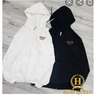 Áo khoác nỉ mũ hai lớp logo OH OH basic HARIQUEEN - Áo nỉ mũ khóa lót bông tay bồng thời trang cá tính