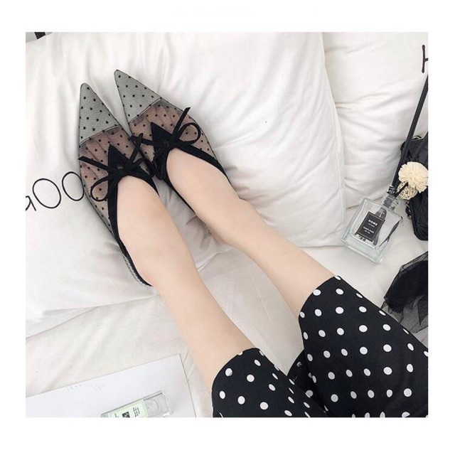 Giày mules lưới chấm bi đính nơ