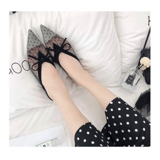 Giày mules lưới chấm bi đính nơ