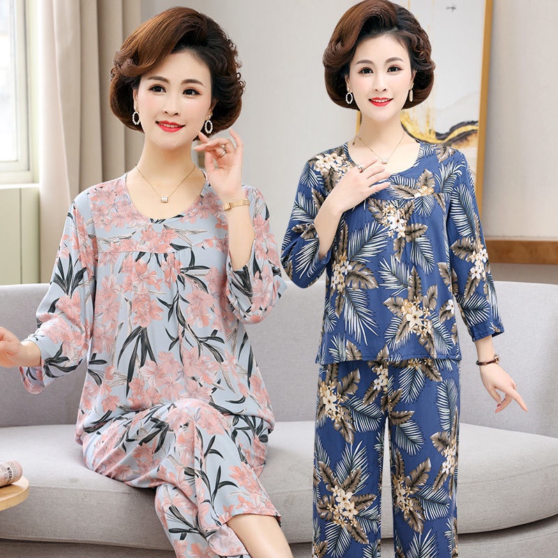 Đồ ngủ trung niên và già của phụ nữ cao tuổi cotton lụa dài tay dịch vụ tại nhà rayon hai mảnh phù hợp với mỏng | BigBuy360 - bigbuy360.vn