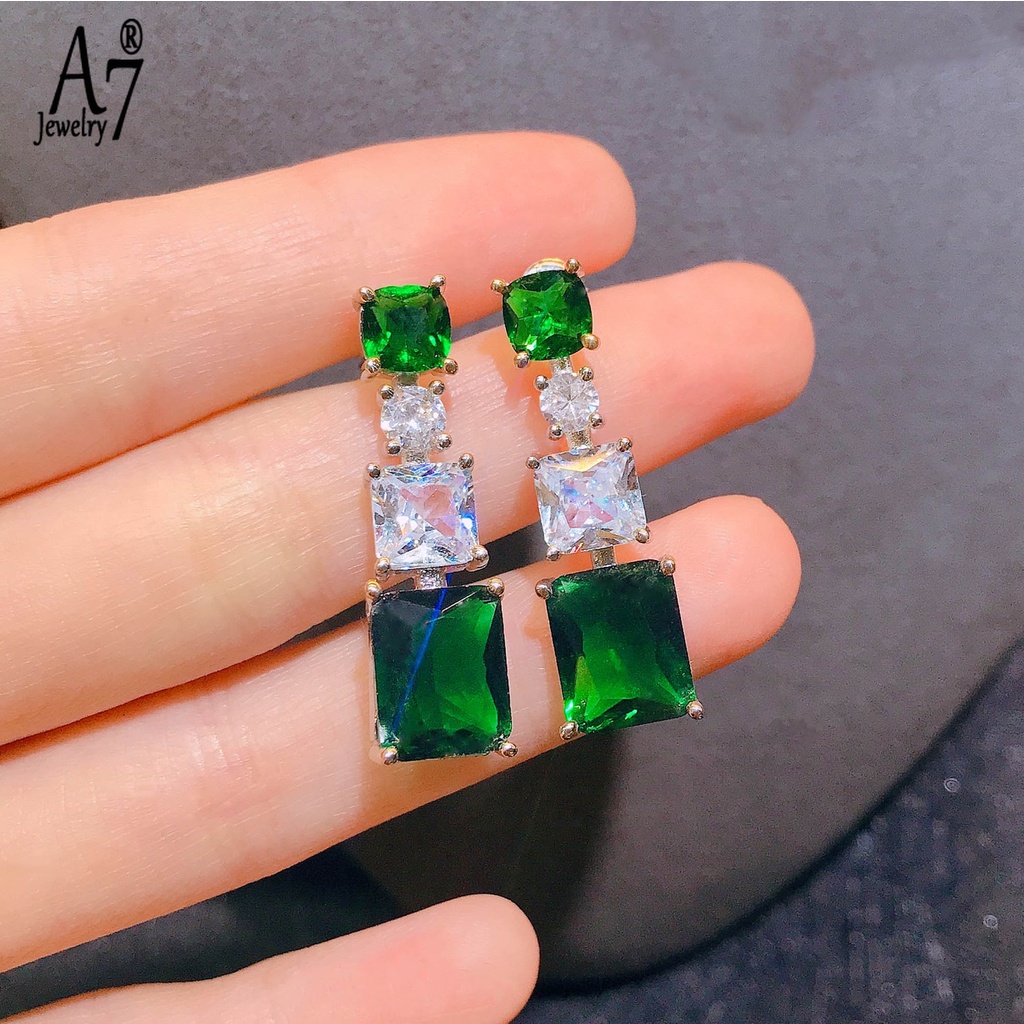 Bông Tai Đính Đá Zircon Màu Xanh A7 Dành Cho Nữ
