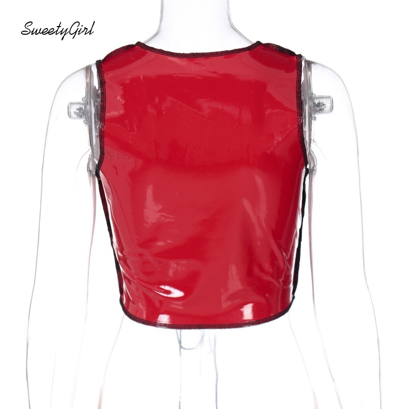 Áo Tank Top Da Pu Dáng Ôm Cắt Sâu Màu Tương Phản Thời Trang Quyến Rũ Cho Nữ