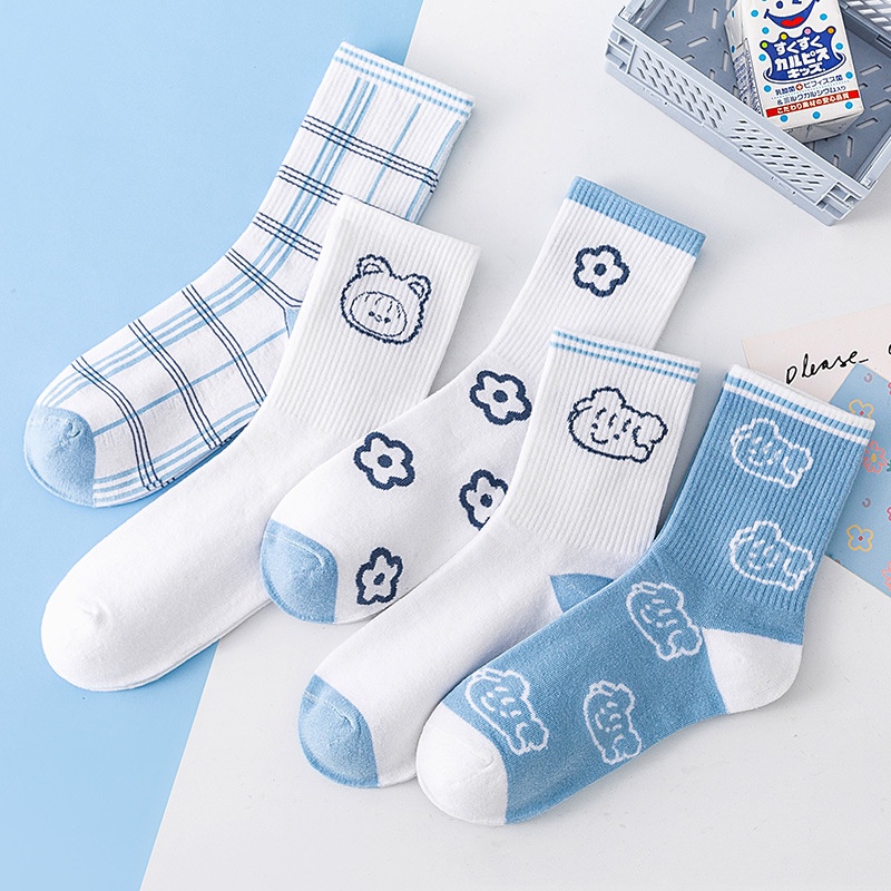 Tất cổ cao in hình bông hoa vớ chân dài nữ style Hàn Quốc trẻ trung mẫu mới nhiều kiểu dáng tone xanh dương ABICA TD027