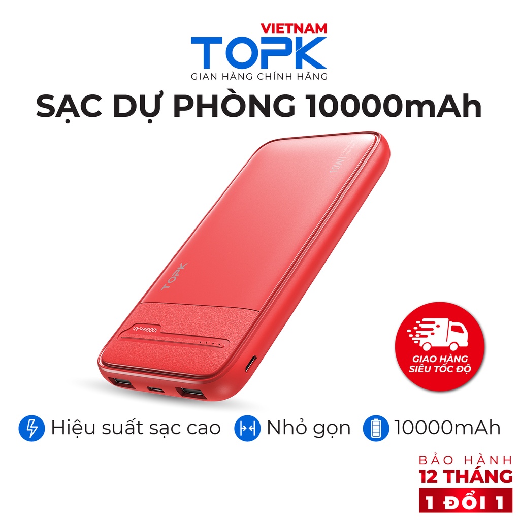 Sạc dự phòng 10000mAh TOPK I1016 Đầu ra 2 cổng USB - Hàng phân phối chính hãng Bảo hành 12 tháng 1 đổi 1