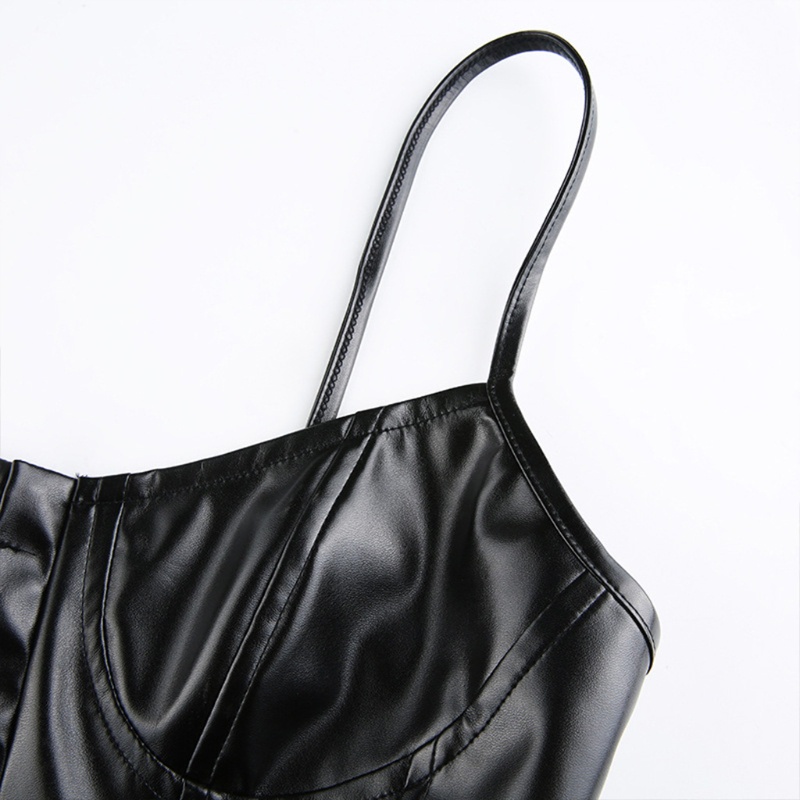 Xiangbao Áo Crop Top Giả Da Ôm Dáng Màu Đen Có Móc Cài Hở Lưng Gợi Cảm Cho Nữ