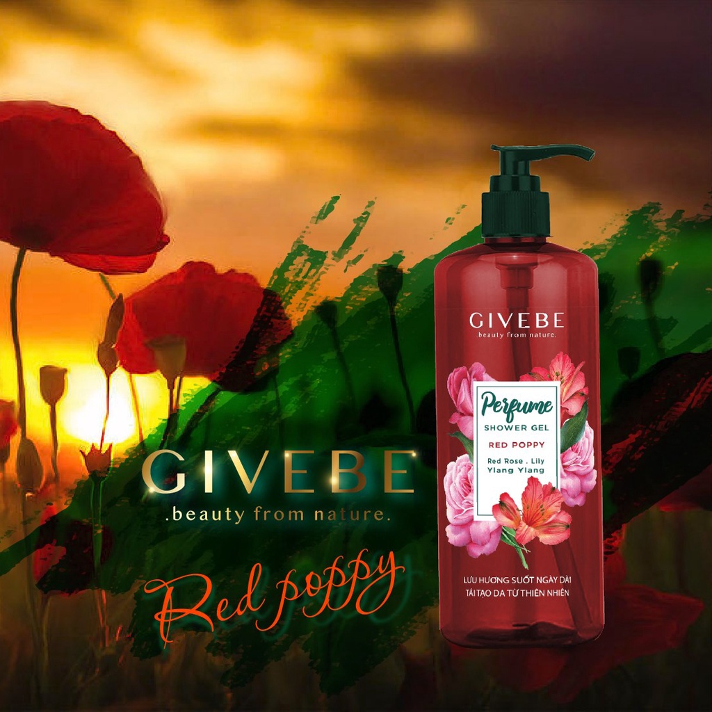Sữa tắm GIVEBE Đỏ Red Poppy 700ml hương nước hoa Ý tái tạo làn da, mềm mại, sạch mụn