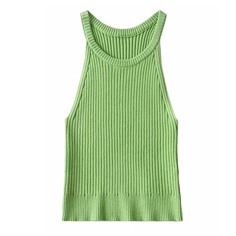 Áo Croptop Dệt Kim Không Tay Cổ Tròn Màu Sắc Đơn Giản Cho Nữ