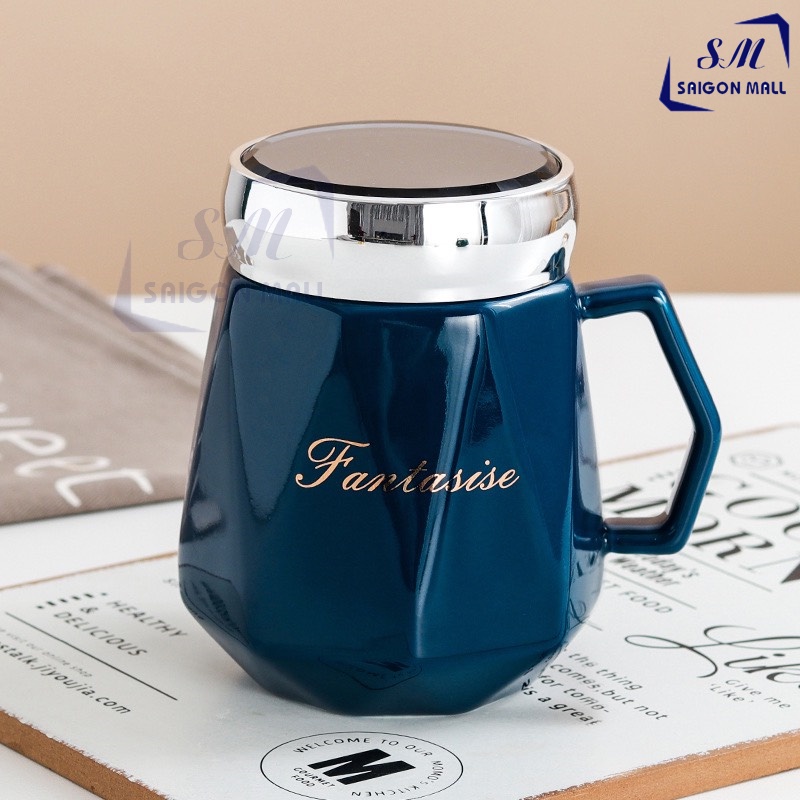Ly sứ nắp tráng gương thân ly họa tiết kim cương 460ml có tay cầm cao cấp