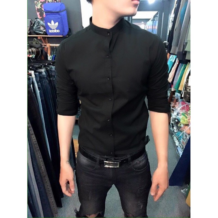 ÁO SƠ MI NAM ĐEN CỔ TÀU