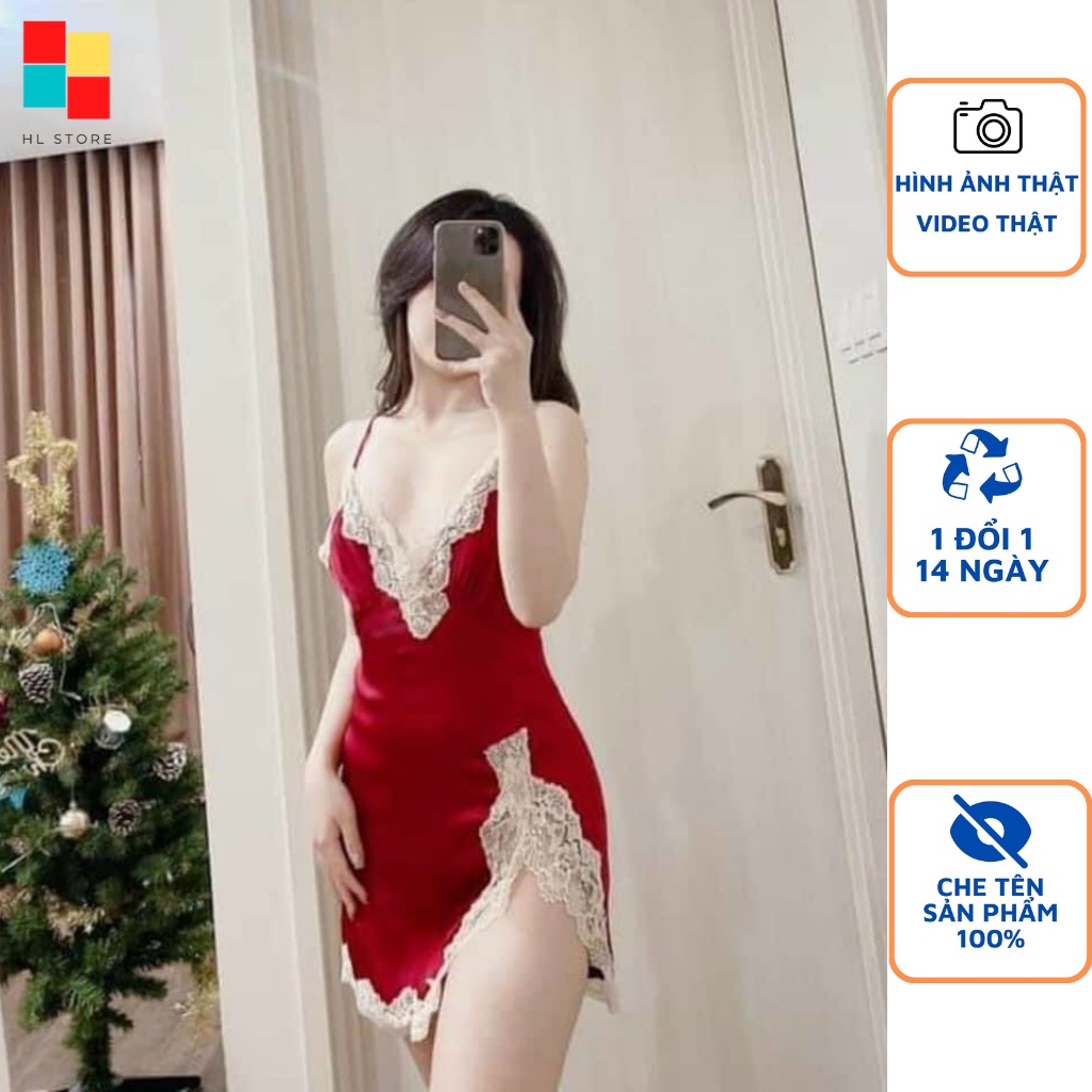 Đầm ngủ 2 dây phối ren xẻ đùi Hải Lan Store, lụa Satin cao cấp mềm mại, kèm quần đùi gợi cảm, freesize dưới 65kg