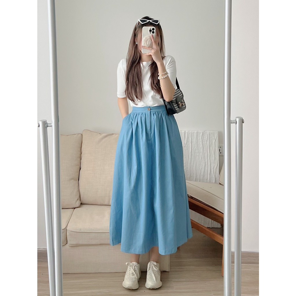 [Ảnh thật/Sẵn] Chân váy jean khuy gỗ cạp chun sau xếp li dáng xòe 2 màu