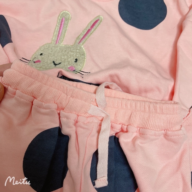 Bộ nỉ da cá dài tay bé gái hồng thỏ