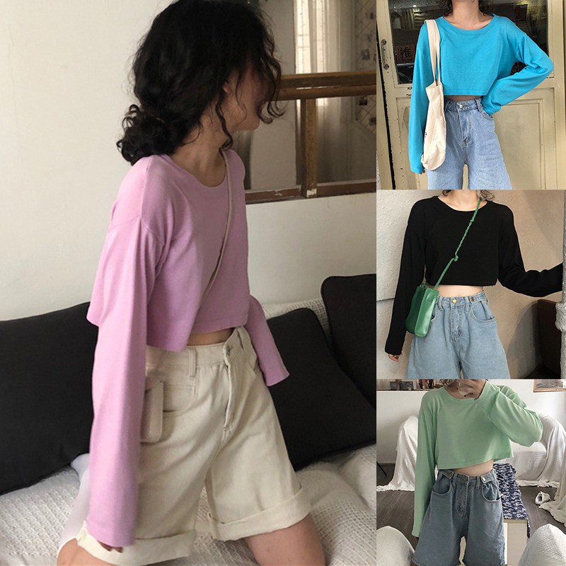 Women's Round Neck T-Shirt Long Sleeve Tops Purea Color Loose Fit Pullover Blouse | BigBuy360 - bigbuy360.vn